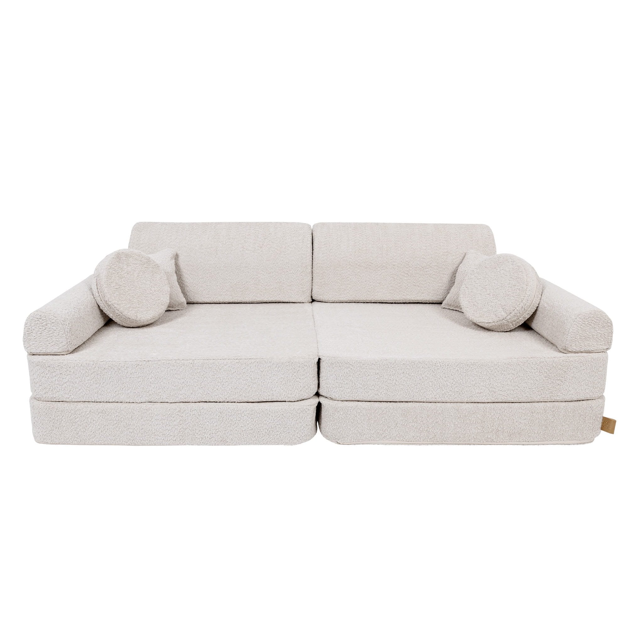 6. Large modular children's sofa in champagne ecru boucle fabric, shown with two backrests and four cushions