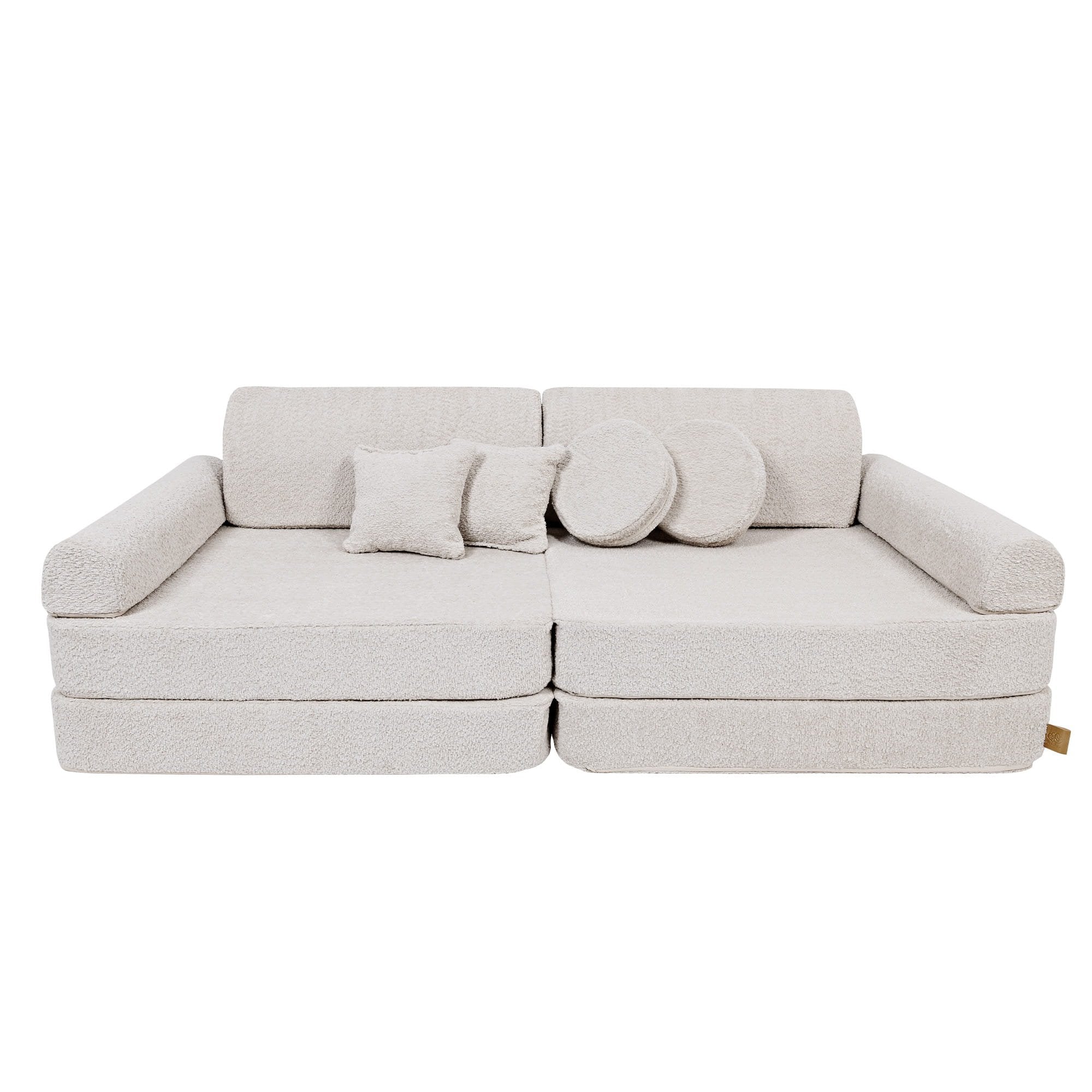 7. Large modular children's sofa in champagne ecru boucle fabric, shown with two backrests and four cushions