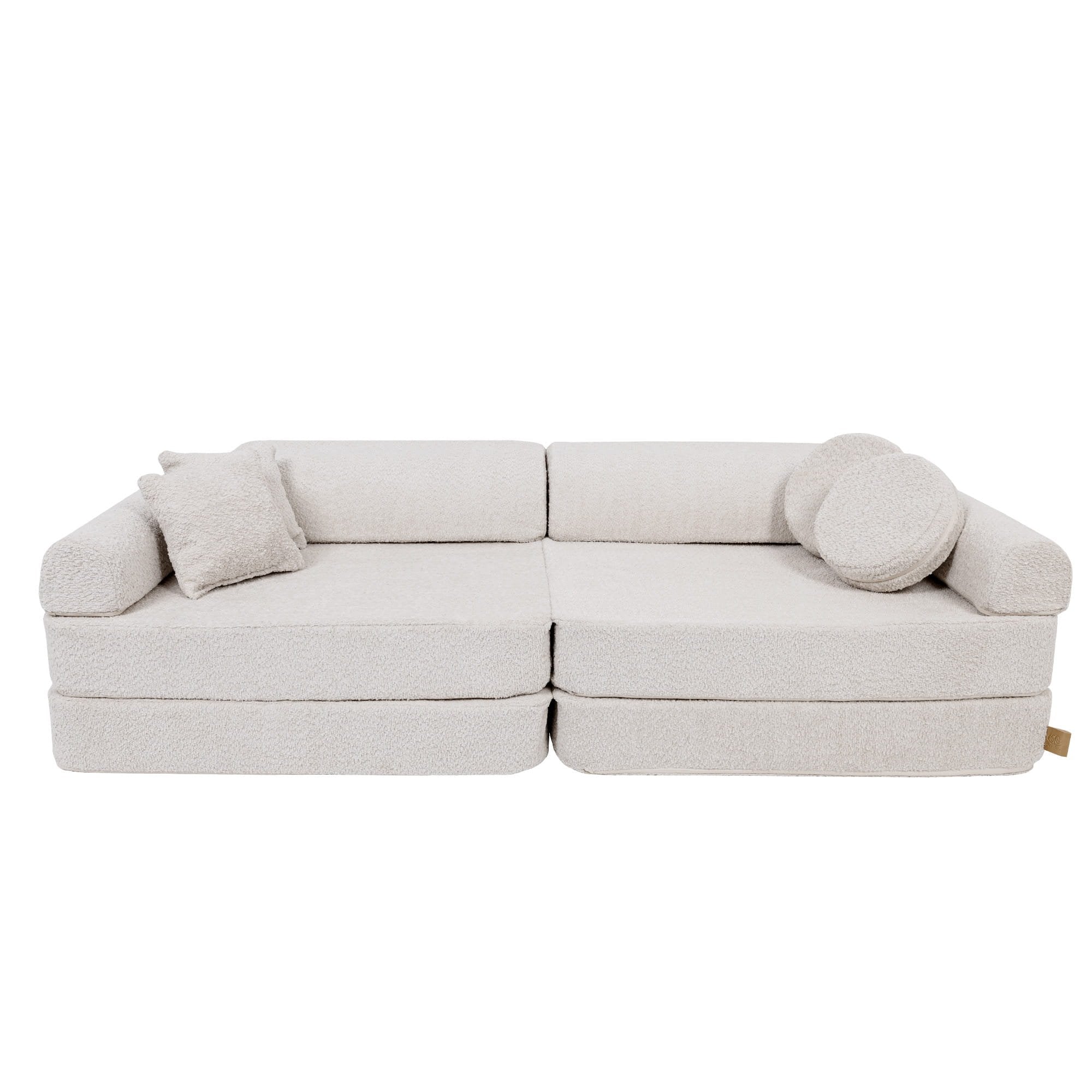 8. Large modular children's sofa in champagne ecru boucle fabric, shown with two backrests and four cushions