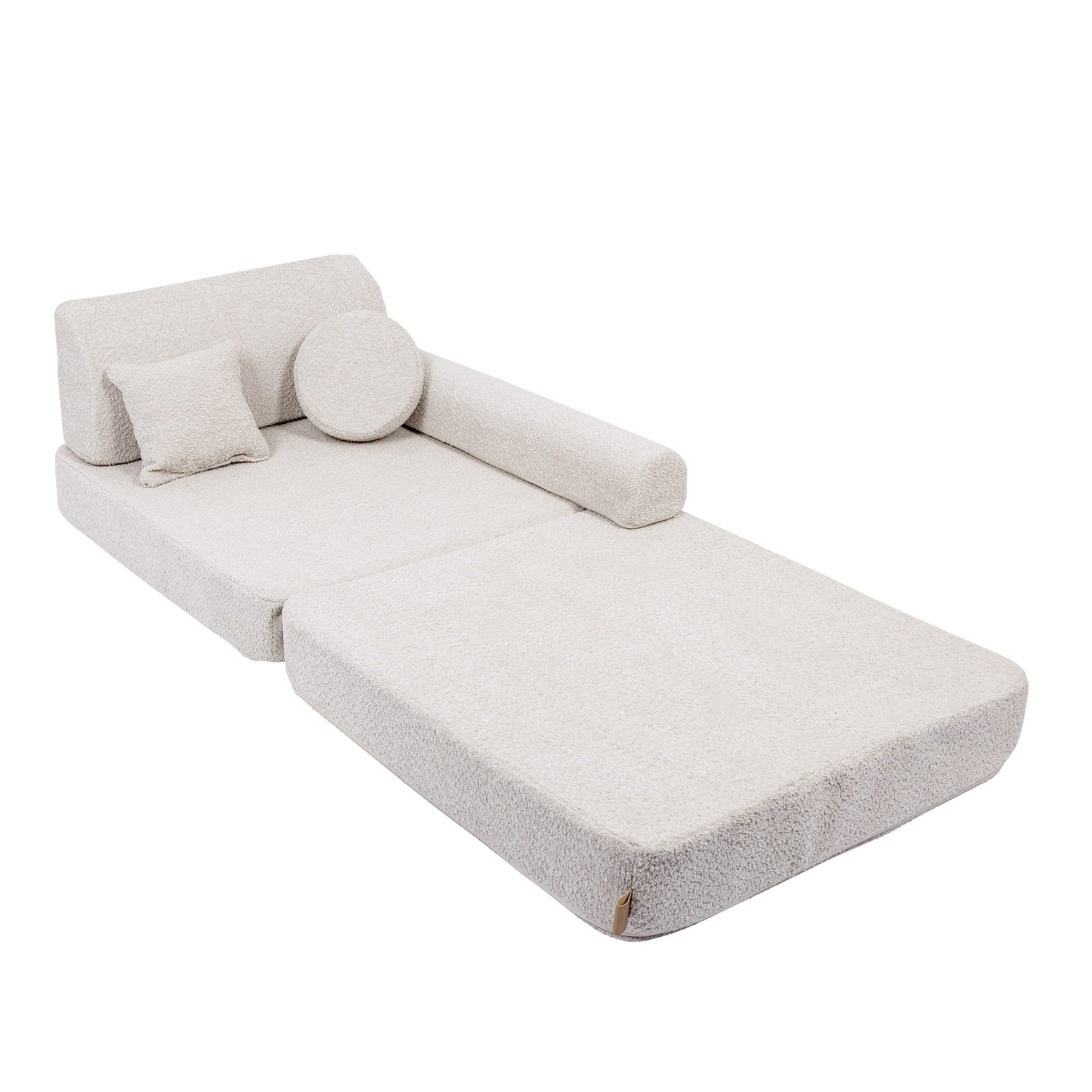 2. Modular children's sofa in champagne ecru boucle fabric, arranged as a chaise lounge with one backrest and three cushions