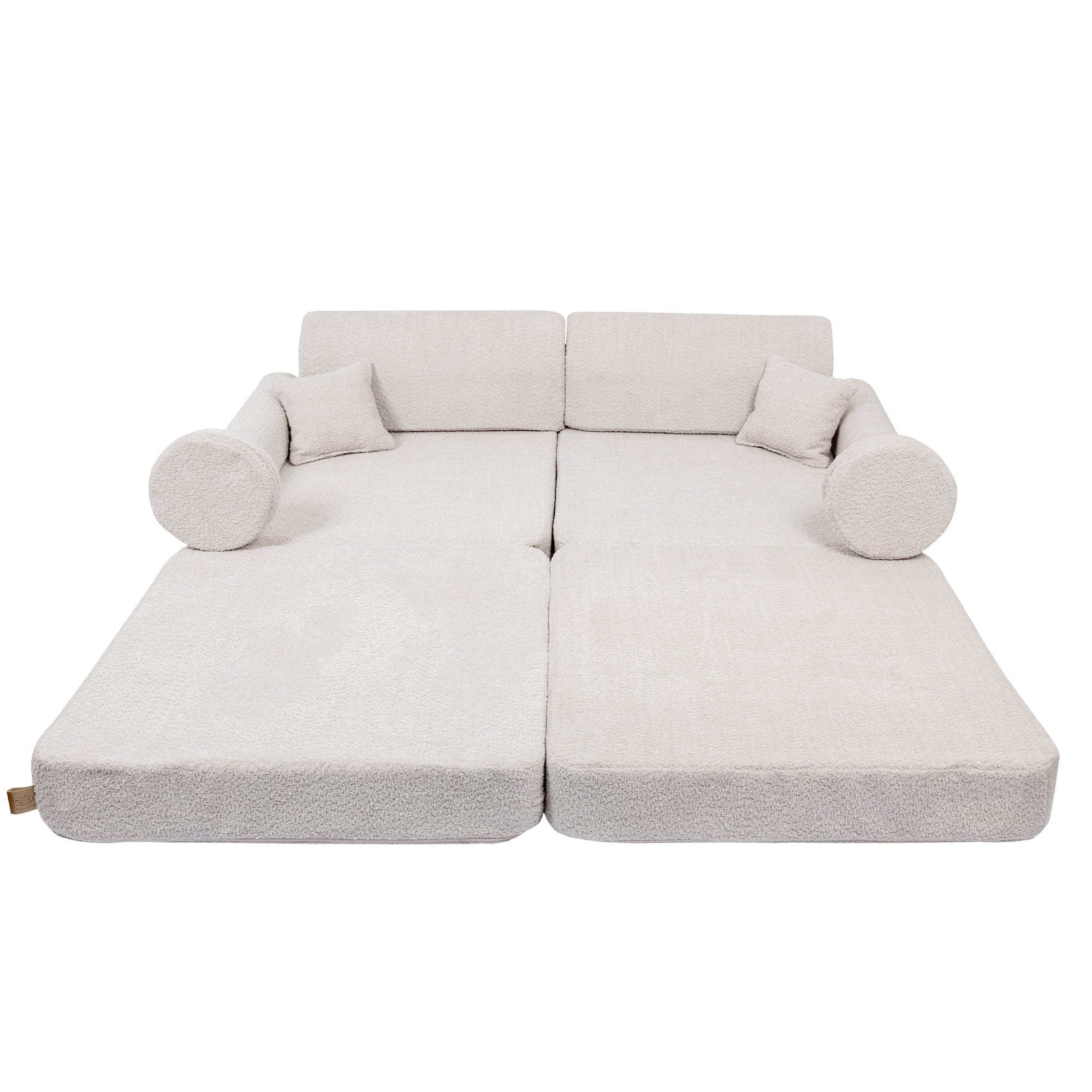 1. Large modular children's sofa in champagne ecru boucle fabric, shown in a flat configuration with two backrests and four cushions