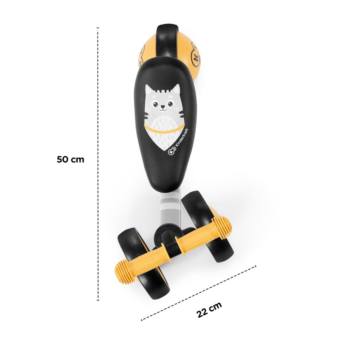 9. Top view of yellow Kinderkraft CUTIE balance bike with kitten print on saddle