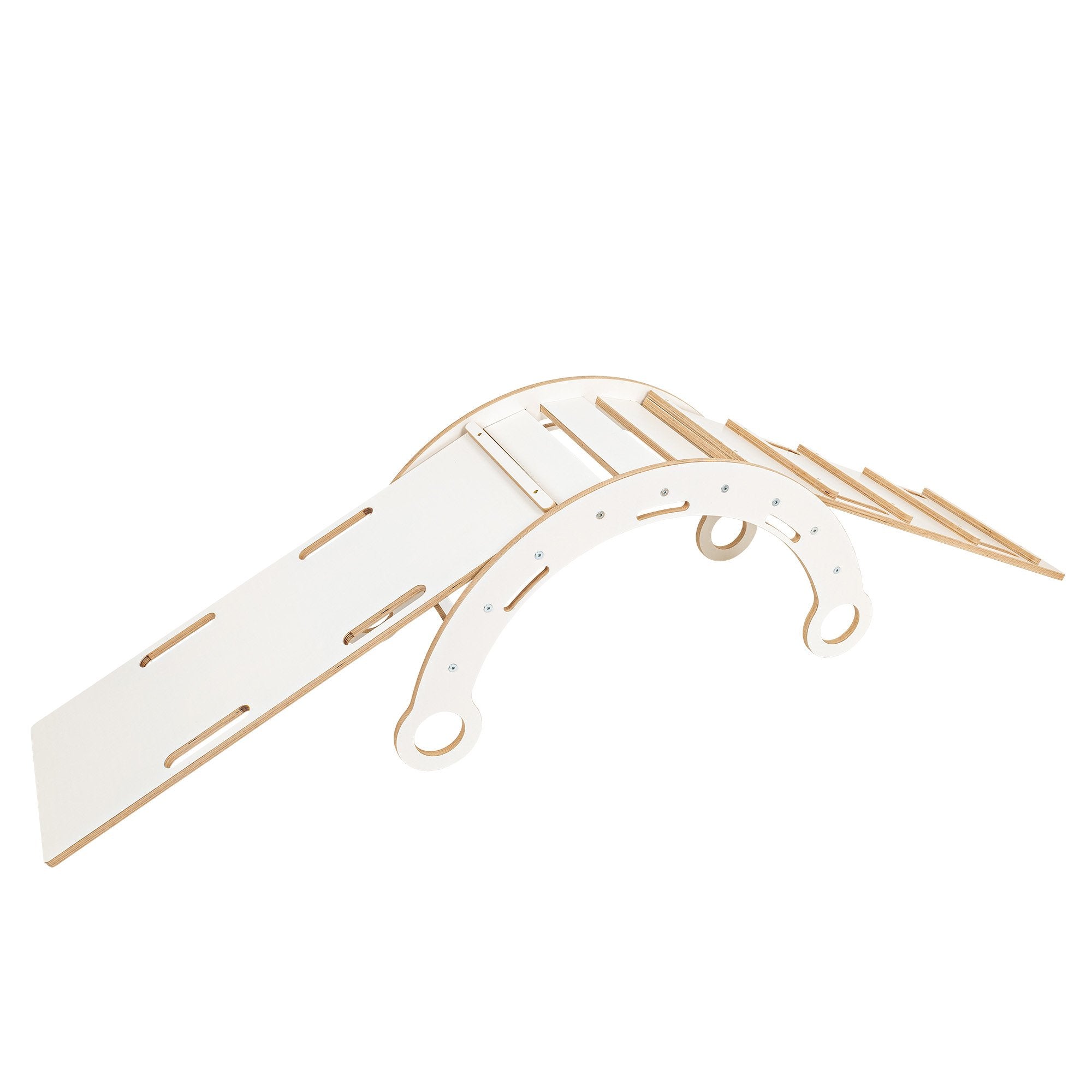 2. White wooden dream rocker with attached slide and ladder in studio setting