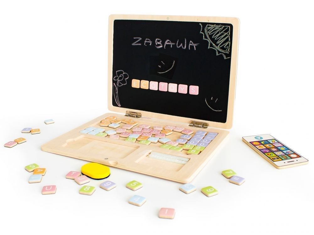 7. Ecotoys wooden laptop with magnetic letters spelling 'ZABAWA' and chalk drawings, play phone on the side