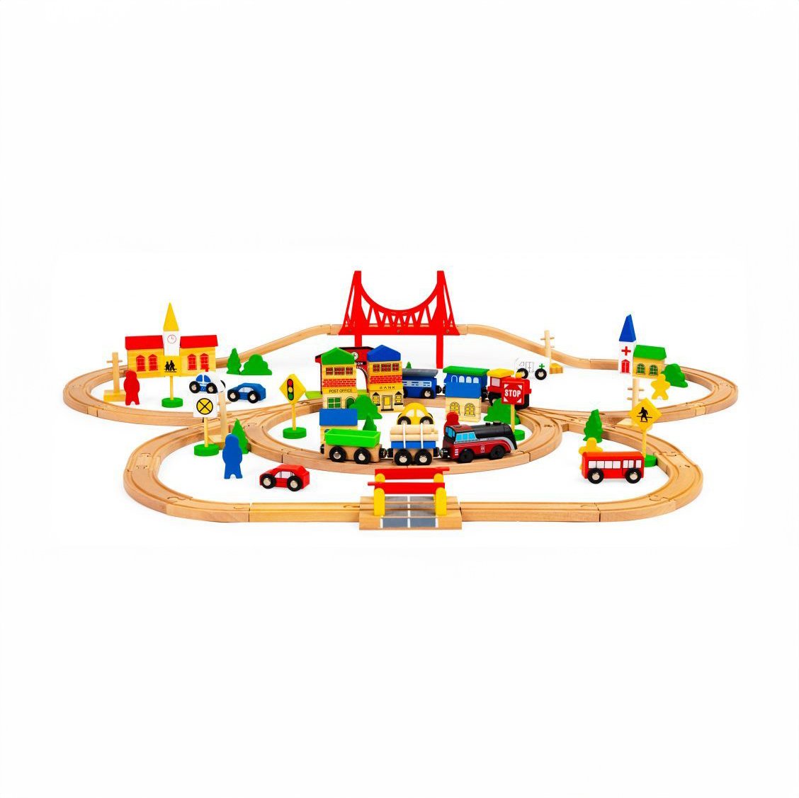 1. Wooden train set with colorful buildings, bridge, and vehicles on a white background