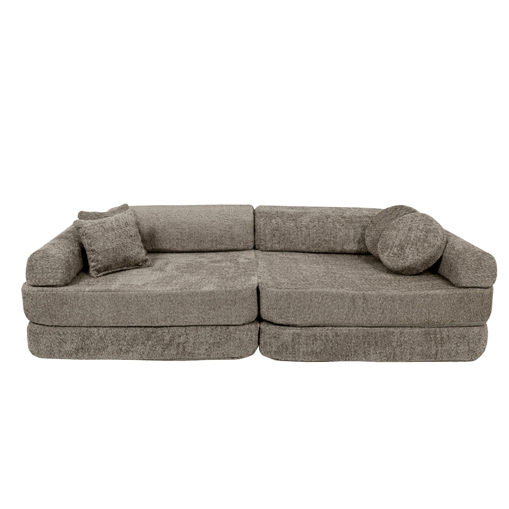 2. Large modular sofa for kids in tan beige boucle fabric with cushions, studio view