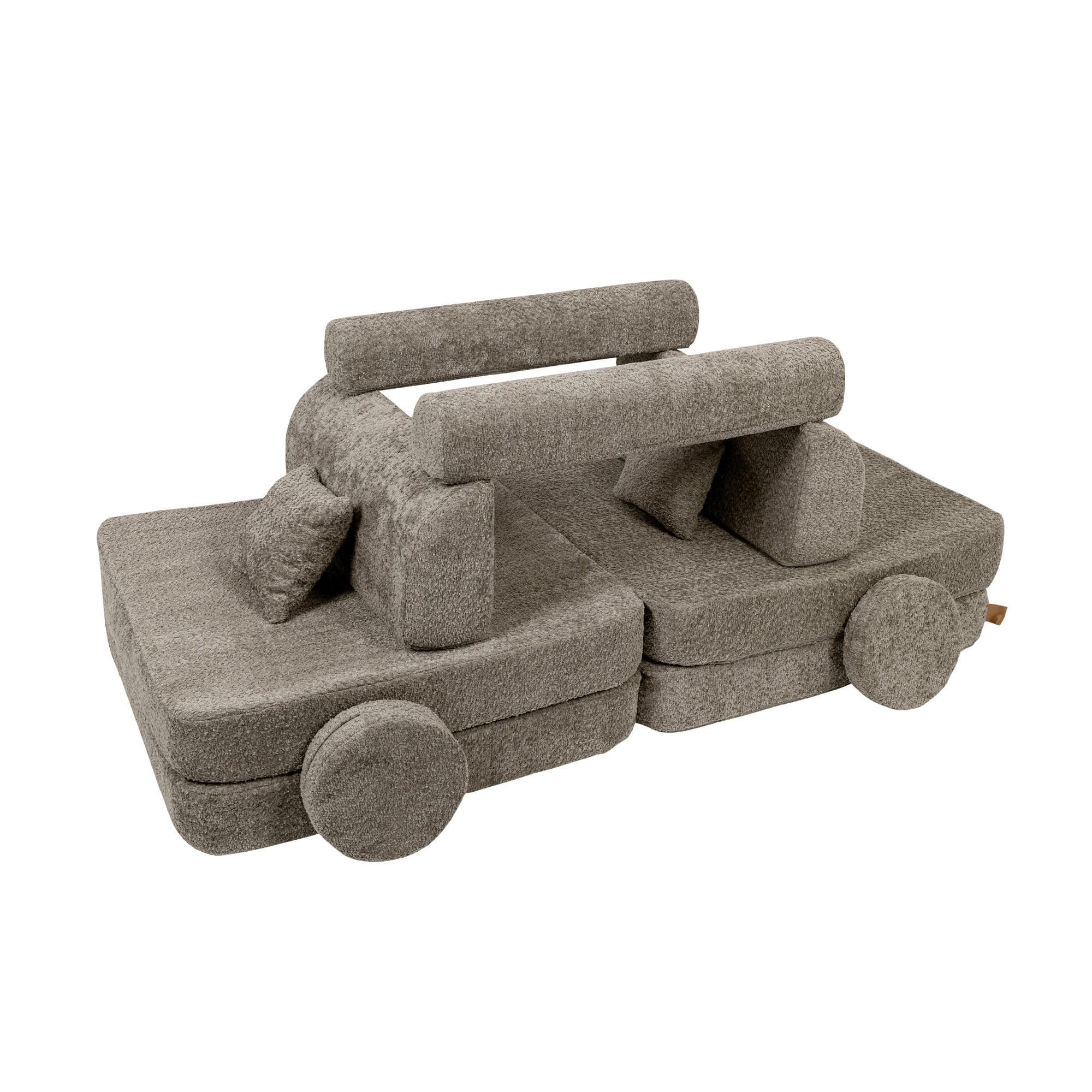 2. Children's modular sofa configured as a car with wheels, tan beige boucle fabric