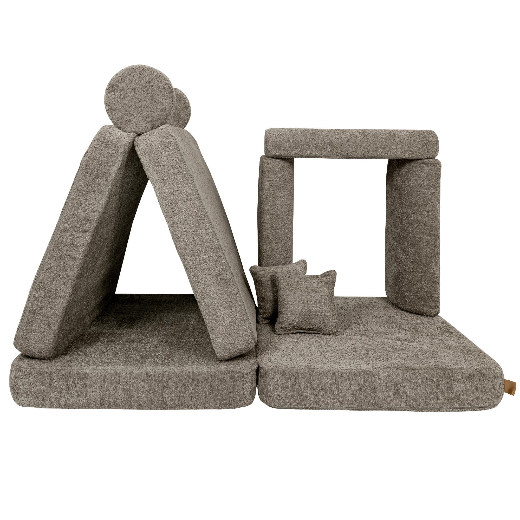 2. Modular sofa for kids arranged in a tent and arch shape, tan beige boucle fabric