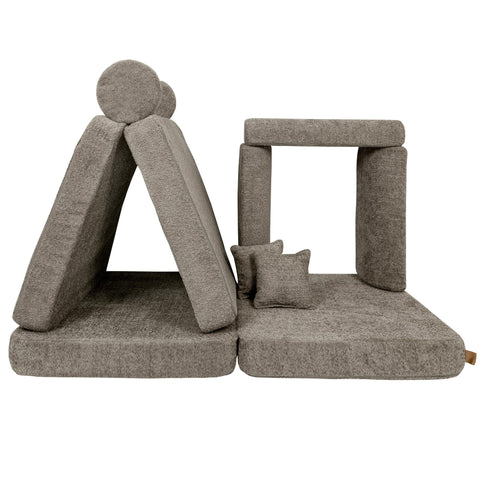 2. Modular sofa for kids arranged in a tent and arch shape, tan beige boucle fabric