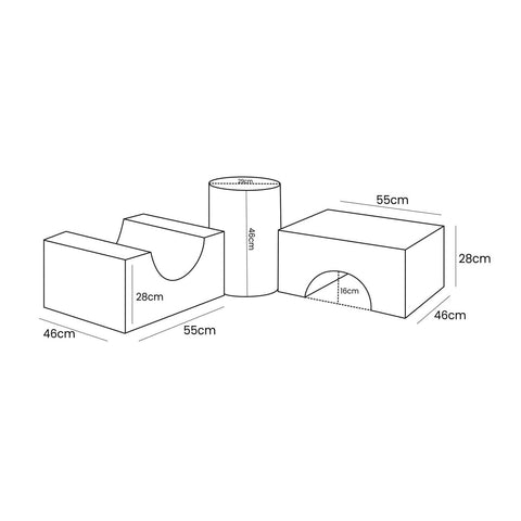 5. Size chart for MeowBaby Bearly Shape Set showing dimensions in centimeters for each element