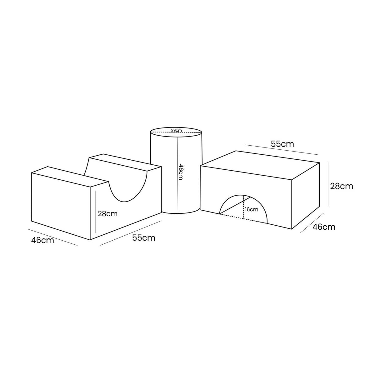 5. Size chart for MeowBaby Bearly Shape Set showing dimensions of each element in centimeters.
