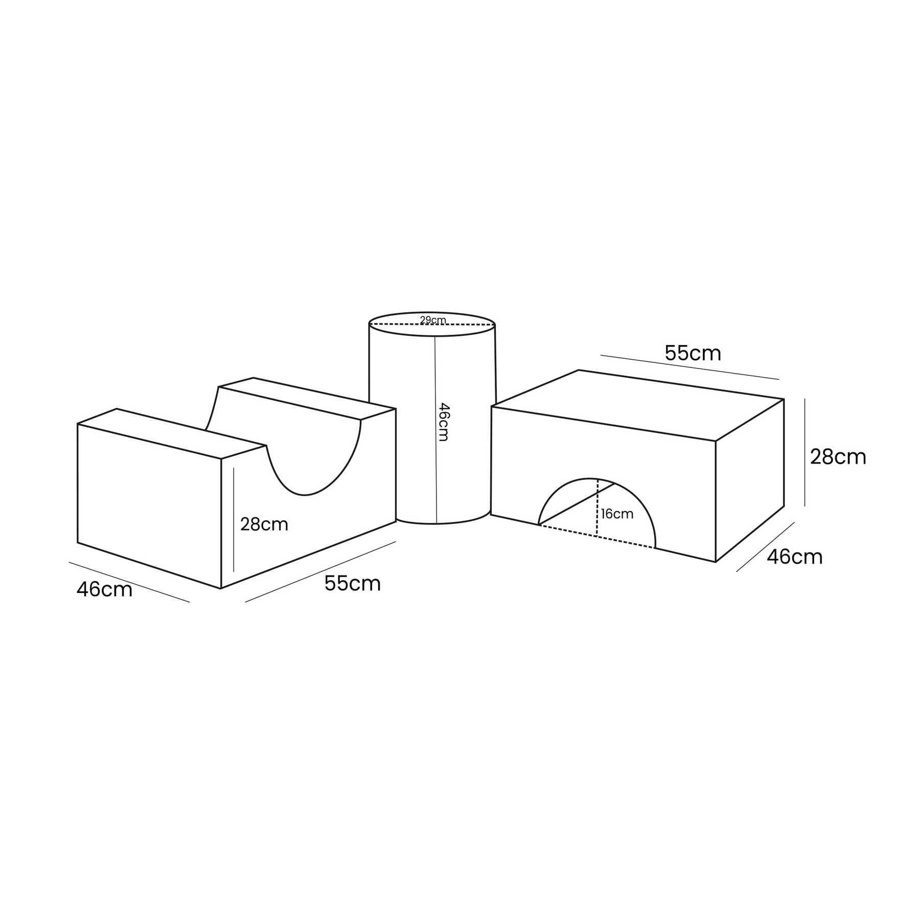 5. Size chart for MeowBaby Bearly Shape Set showing dimensions of each element in centimeters.