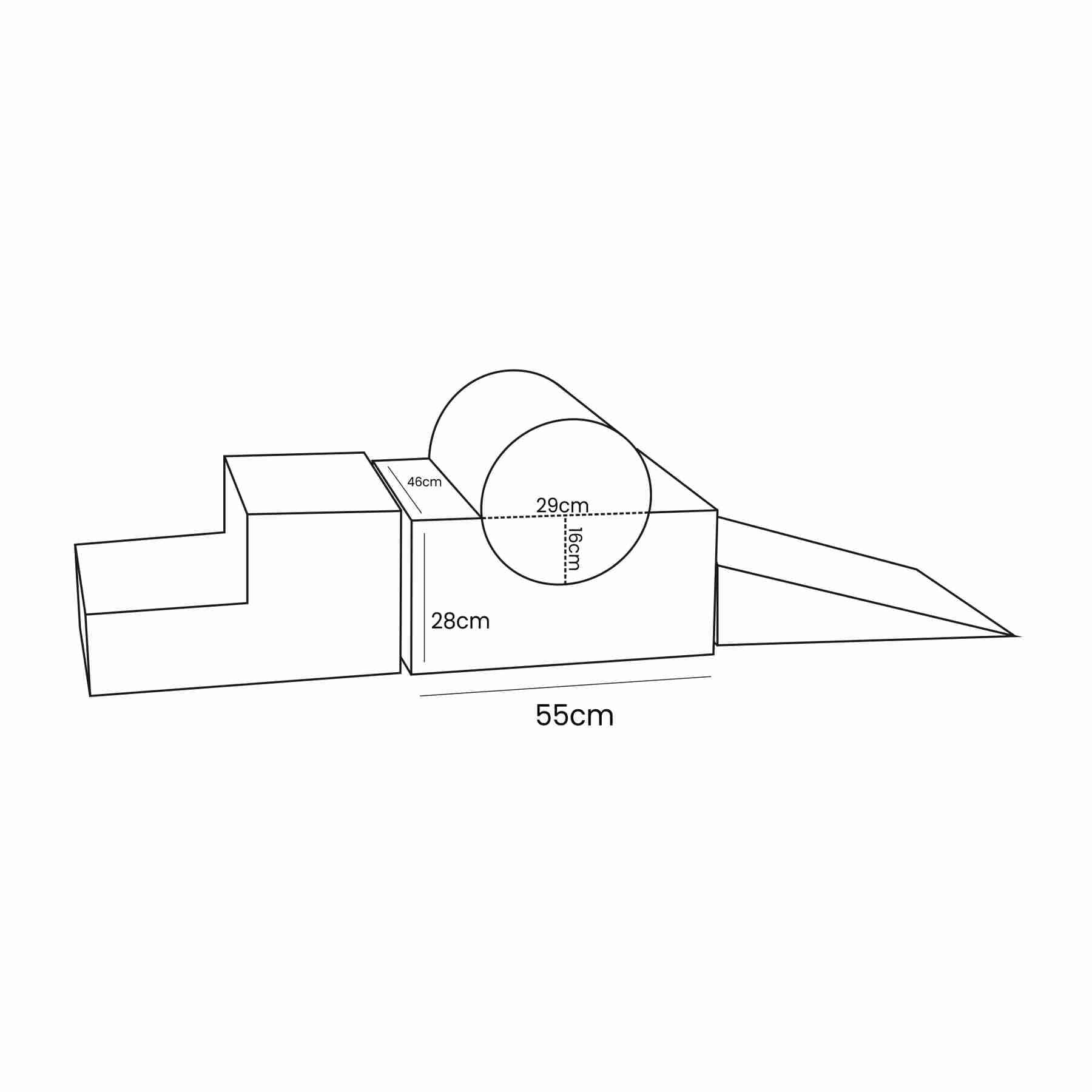 5. Size chart for MeowBaby Bearly Shape Set showing dimensions of each element in centimeters