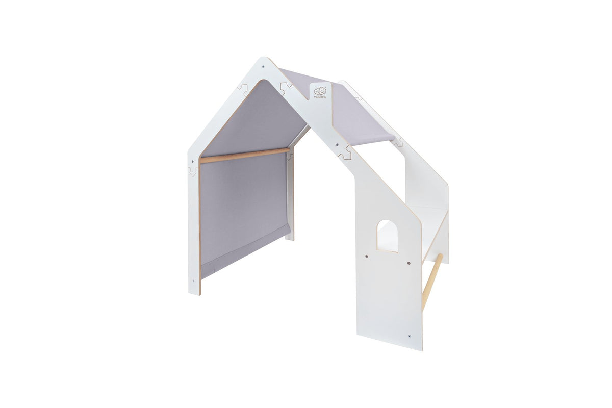 6. Side view of MeowBaby white wooden house with blue roof on black background