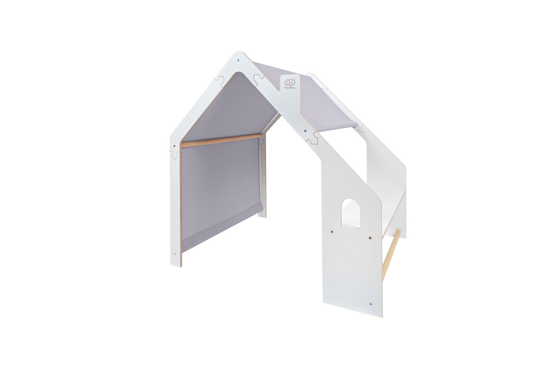 6. Side view of MeowBaby white wooden house with blue roof on black background