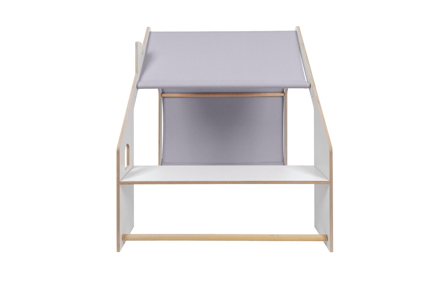 9. Rear view of MeowBaby white wooden house with blue roof on black background