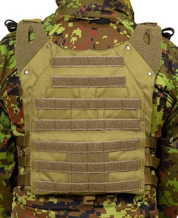 3. Galvi Linda military green plate carrier worn by model in camouflage, back view