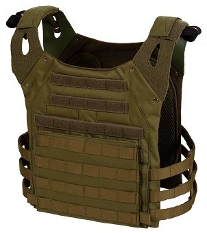 2. Galvi Linda military green plate carrier with adjustable side panels, angled view in studio