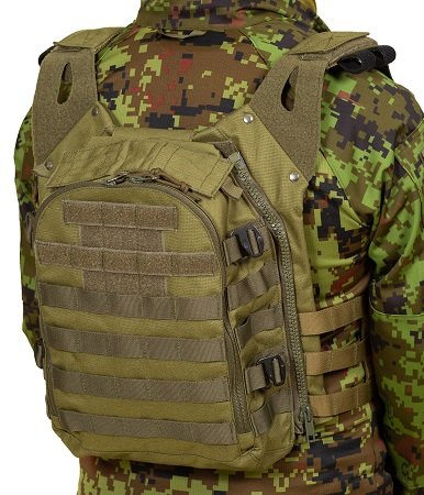 4. Galvi Linda military green plate carrier with detachable backpack, worn by model in camouflage, back view