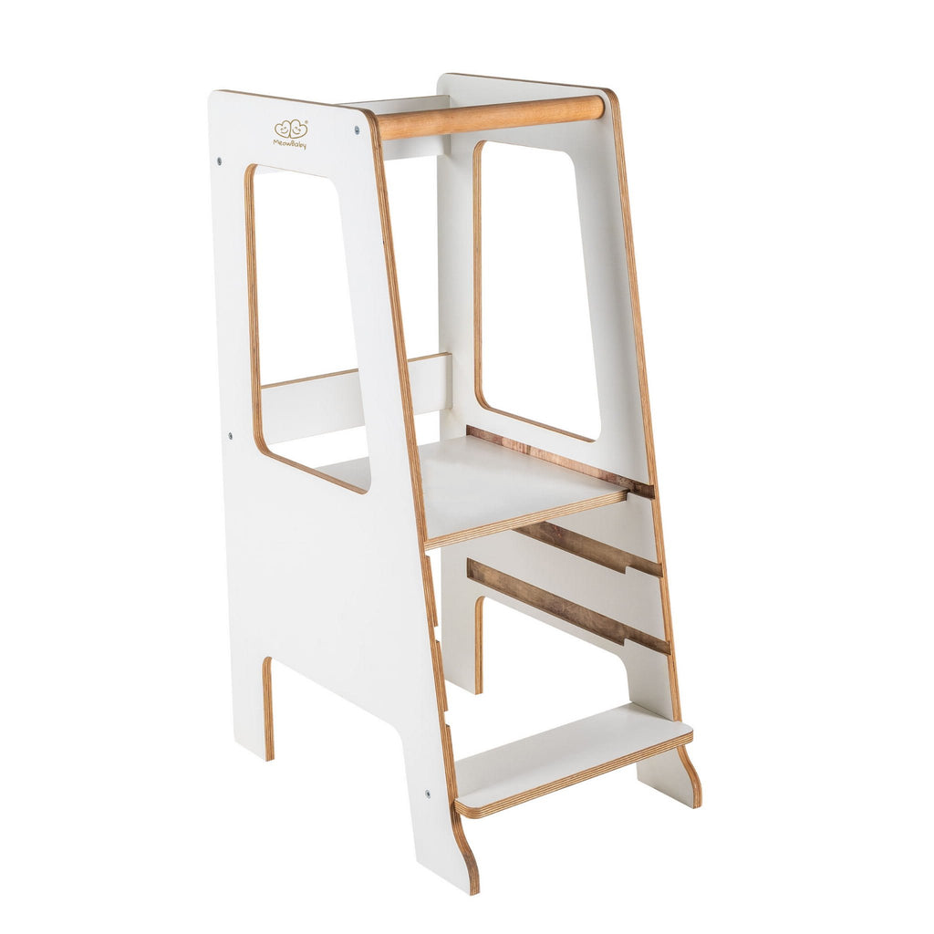 2. MeowBaby white plywood kitchen helper with adjustable platform in studio setting