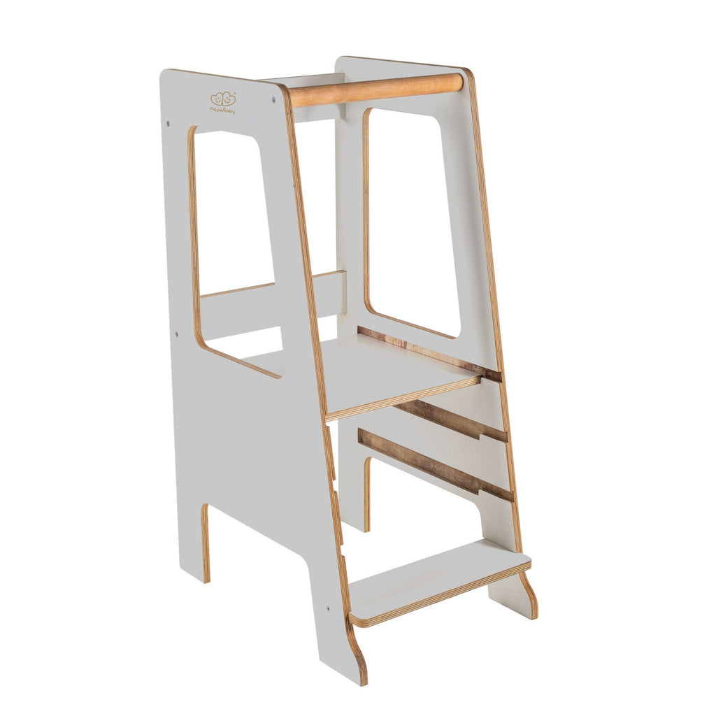 2. MeowBaby gray plywood kitchen helper with adjustable platform in studio setting
