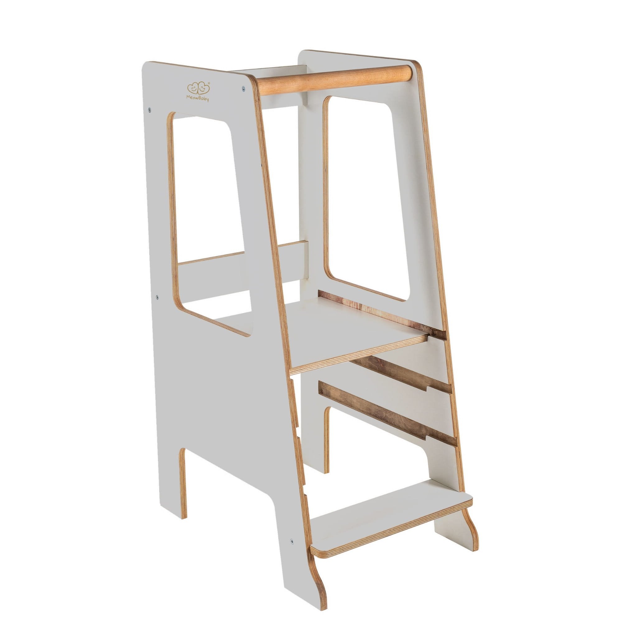 2. MeowBaby gray plywood kitchen helper with adjustable platform in studio setting