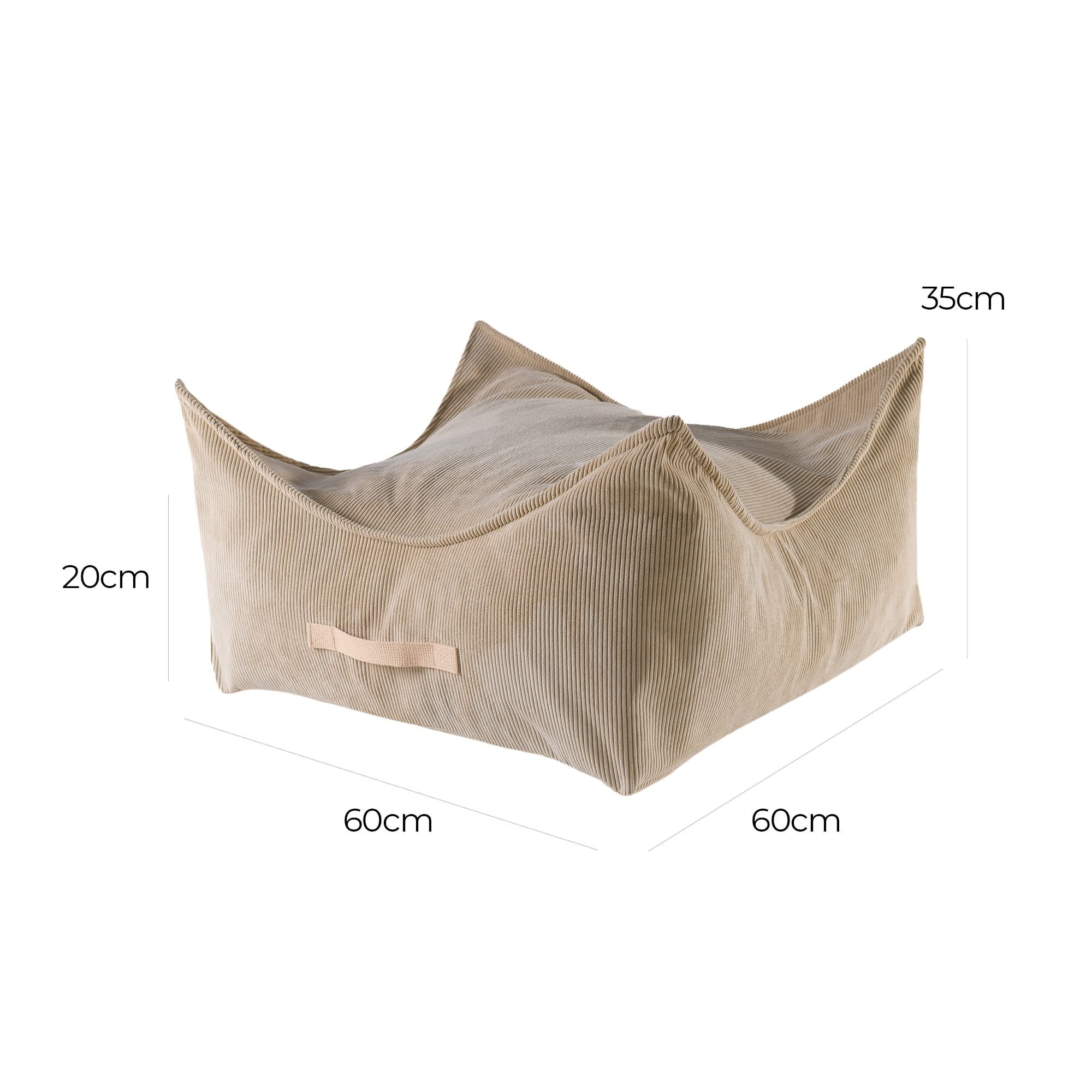2. Size chart for MeowBaby sand corduroy pouf showing dimensions 60cm by 60cm by 35cm