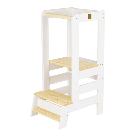 1. MeowBaby wooden kitchen helper for children in white and natural pine wood with adjustable platform, shown in studio setting highlighting stable construction and minimalistic design