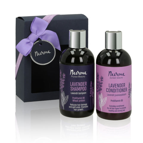 3. Nurme Lavender shampoo and conditioner set with gift box, highlighting product packaging and design