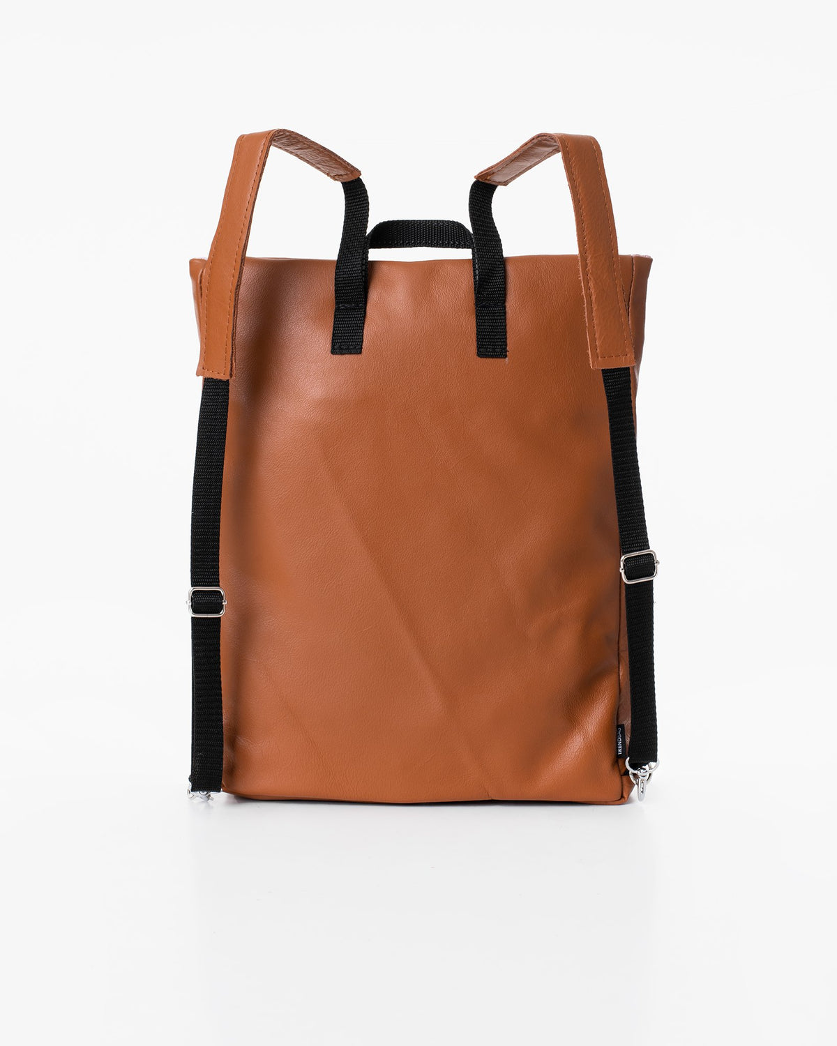 3. Back view of Trendbag Barbara Leather Backpack in peanut, highlighting adjustable straps, studio setting