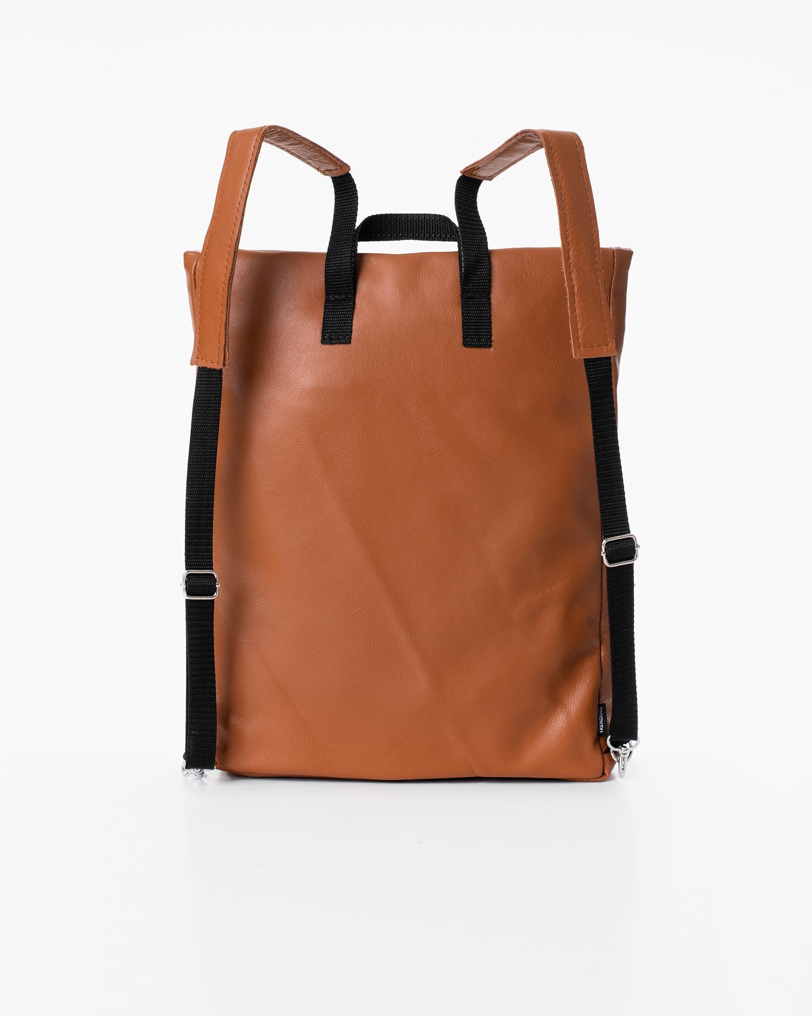 3. Back view of Trendbag Barbara Leather Backpack in peanut, highlighting adjustable straps, studio setting