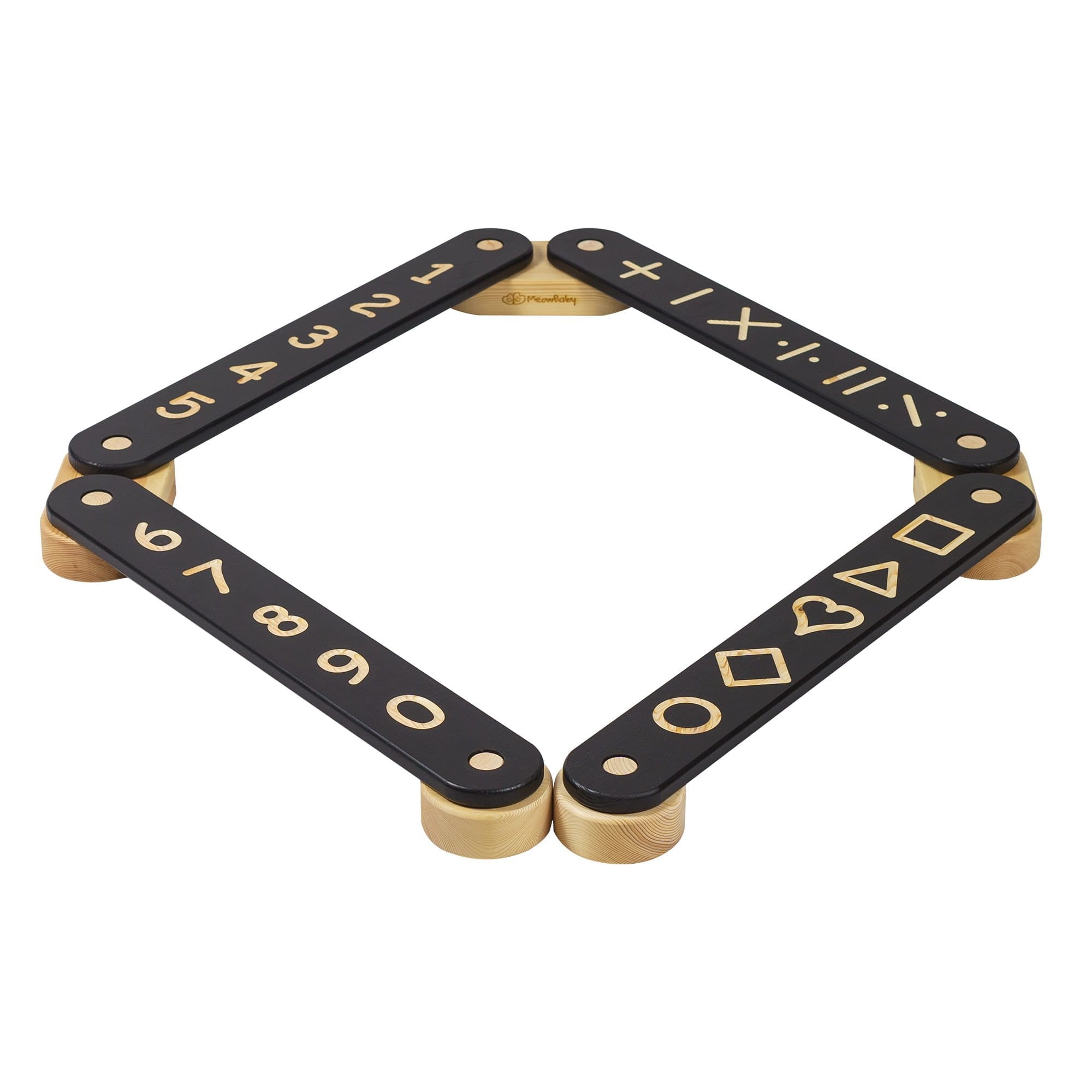 3. Wooden balance beam with black surface featuring numbers and geometric shapes arranged in a square