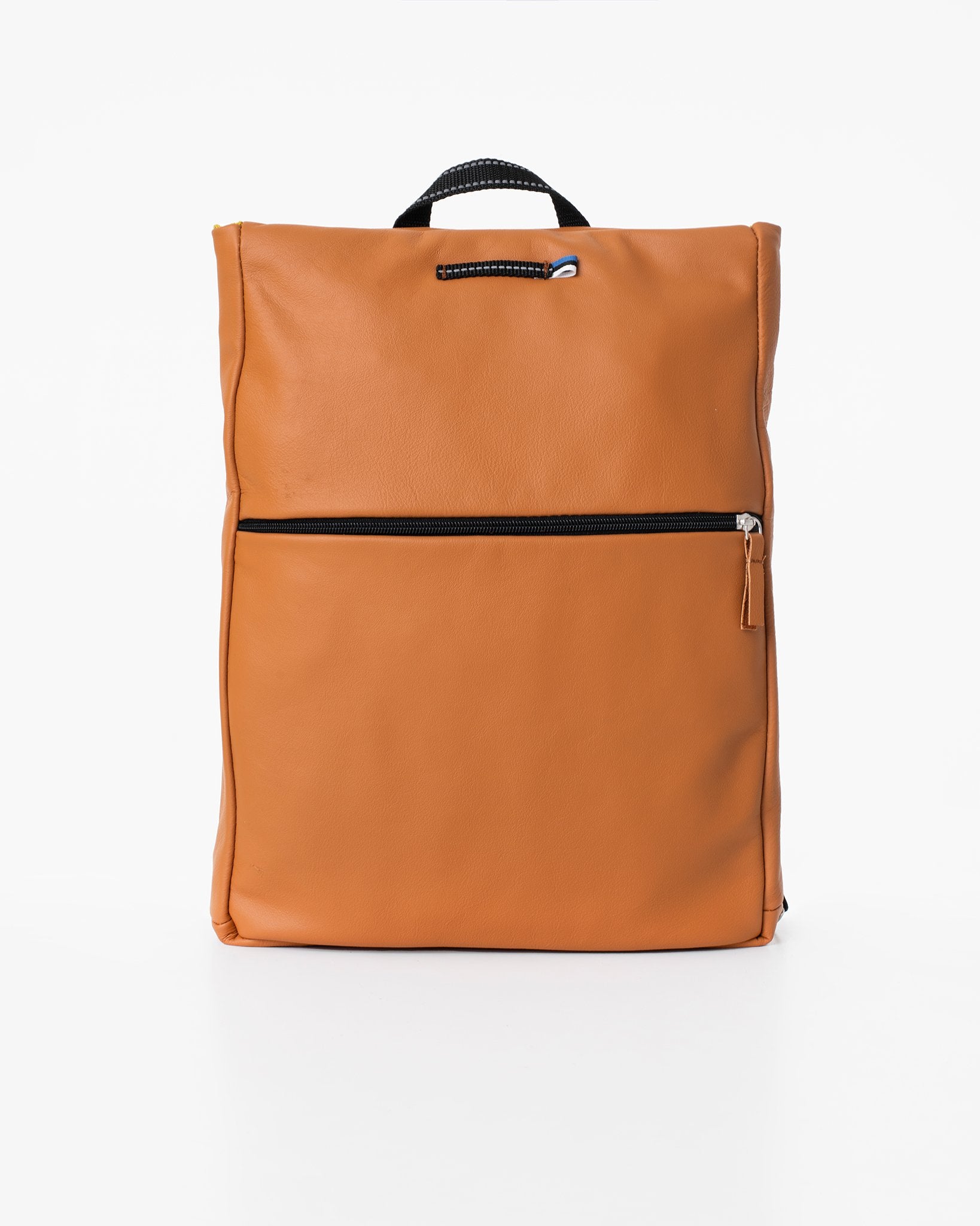 3. Studio shot of Trendbag Barbara Leather Backpack in Calvados, front view with zippered pocket