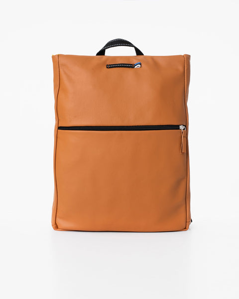 3. Studio shot of Trendbag Barbara Leather Backpack in Calvados, front view with zippered pocket