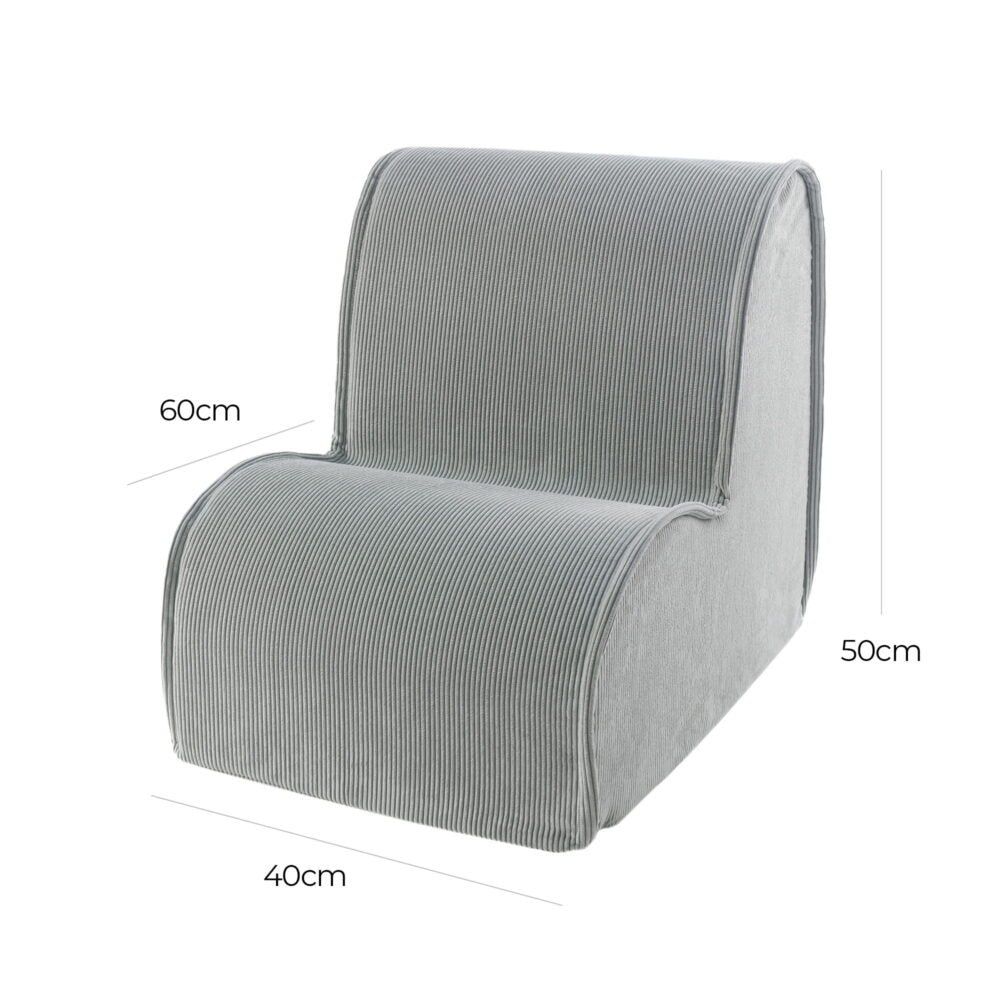 2. Size chart for MeowBaby children's armchair in grey corduroy showing dimensions 40cm width, 60cm depth, 50cm height