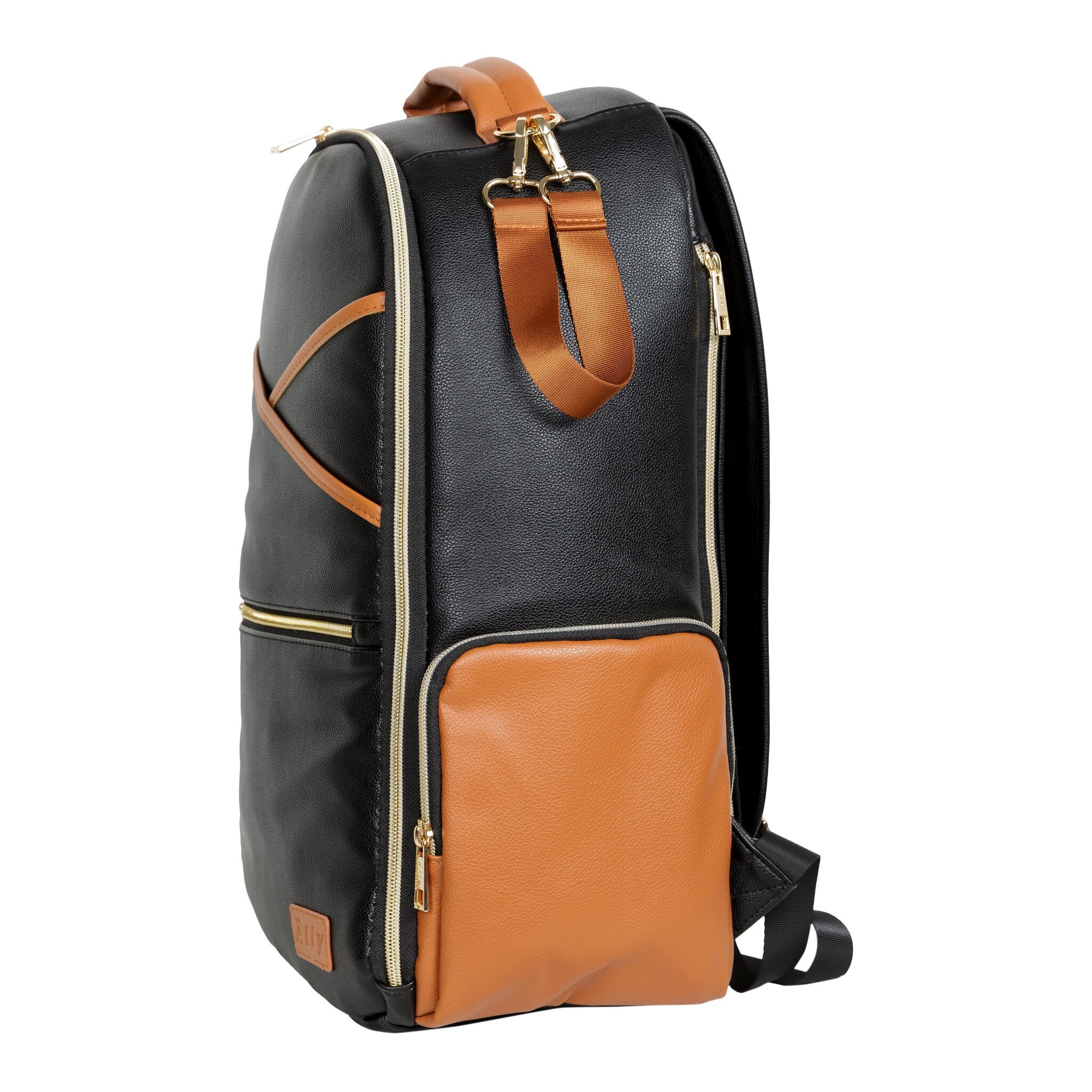 13. Side view of Ally Scandic Black Coffee diaper backpack with pocket detail