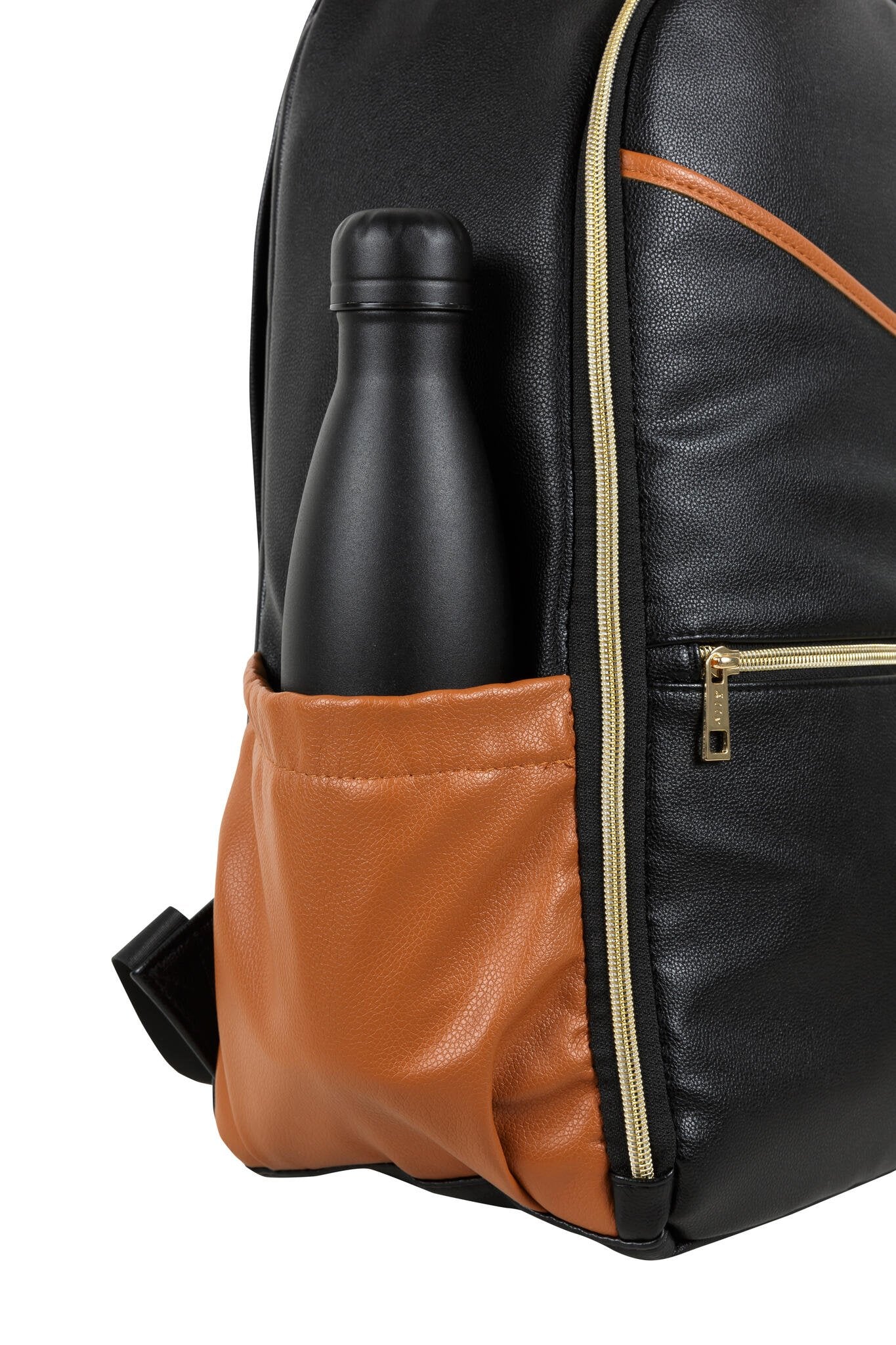 10. Close-up of side pocket on Ally Scandic Small Diaper Backpack in Black Coffee with water bottle