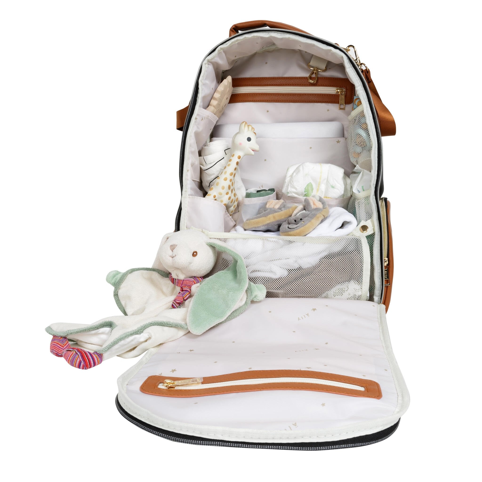15. Interior view of Ally Scandic Black Coffee diaper backpack with organized pockets