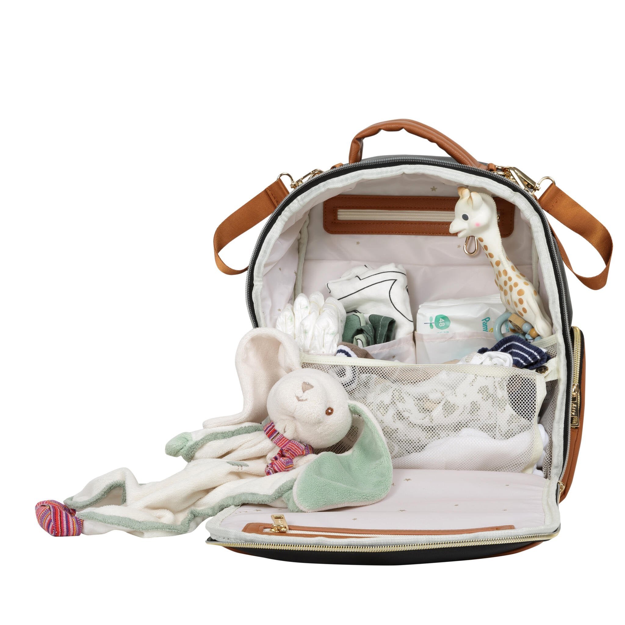 13. Ally Scandic small cappuccino diaper backpack open with baby essentials inside