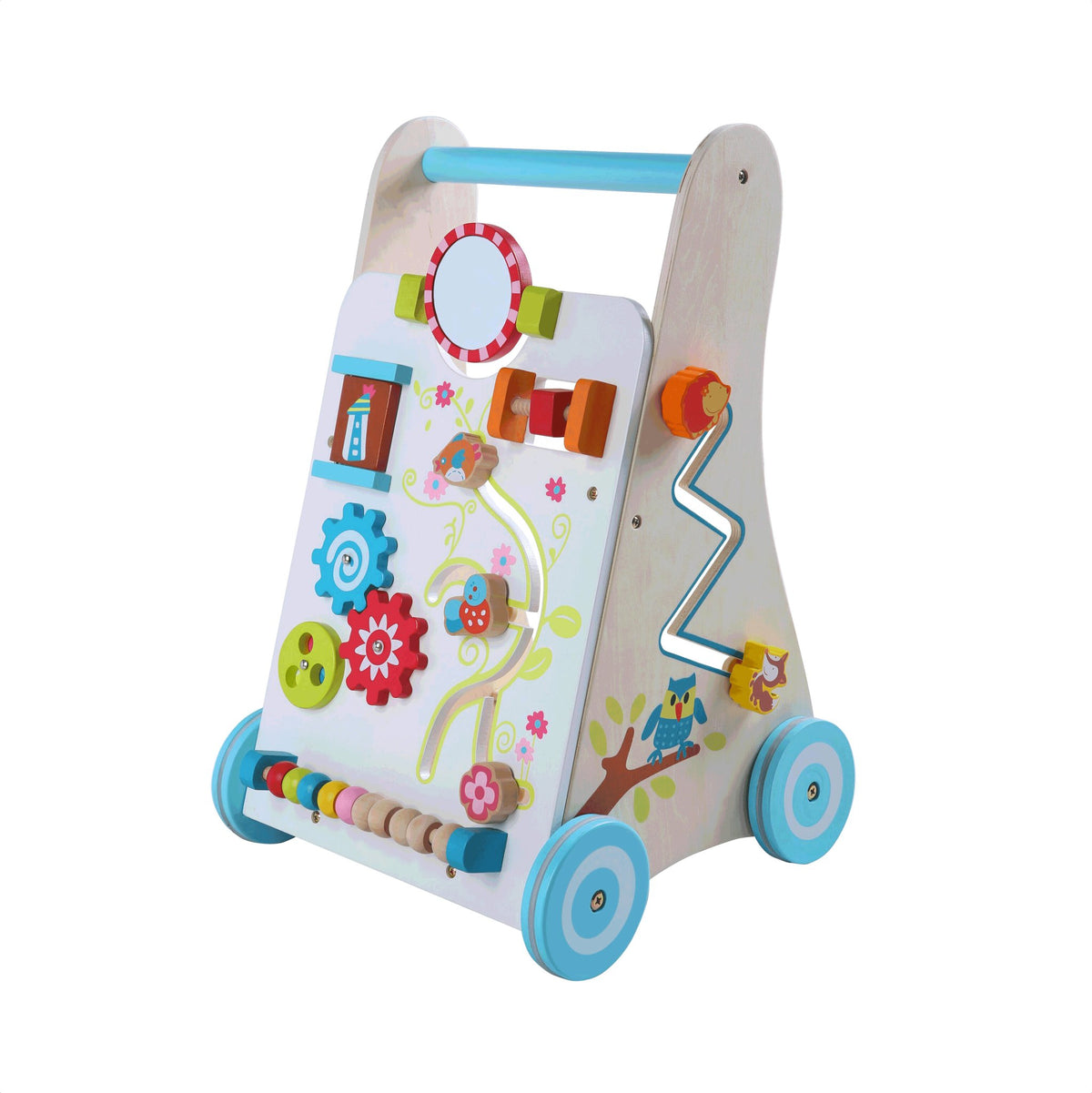 1. Wooden activity centre and walker by Gerardo's Toys featuring colorful skill-developing activities, wheels, and a handle, designed to enhance motor skills and creativity for children.