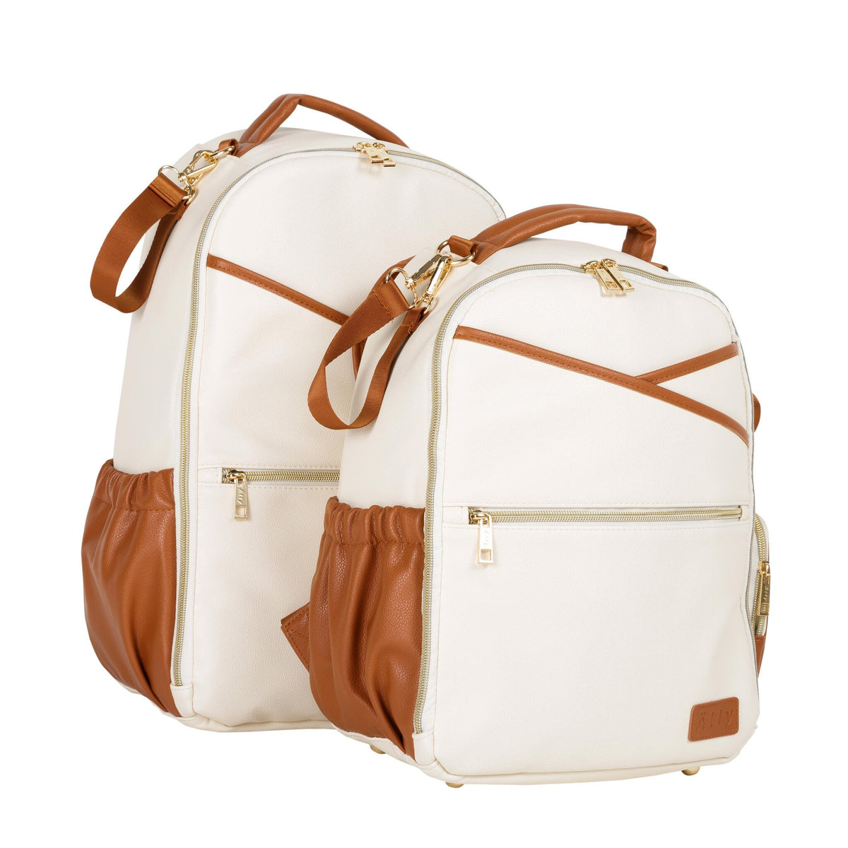 21. Ally Scandic Cappuccino Diaper Backpack on stroller, demonstrating travel convenience