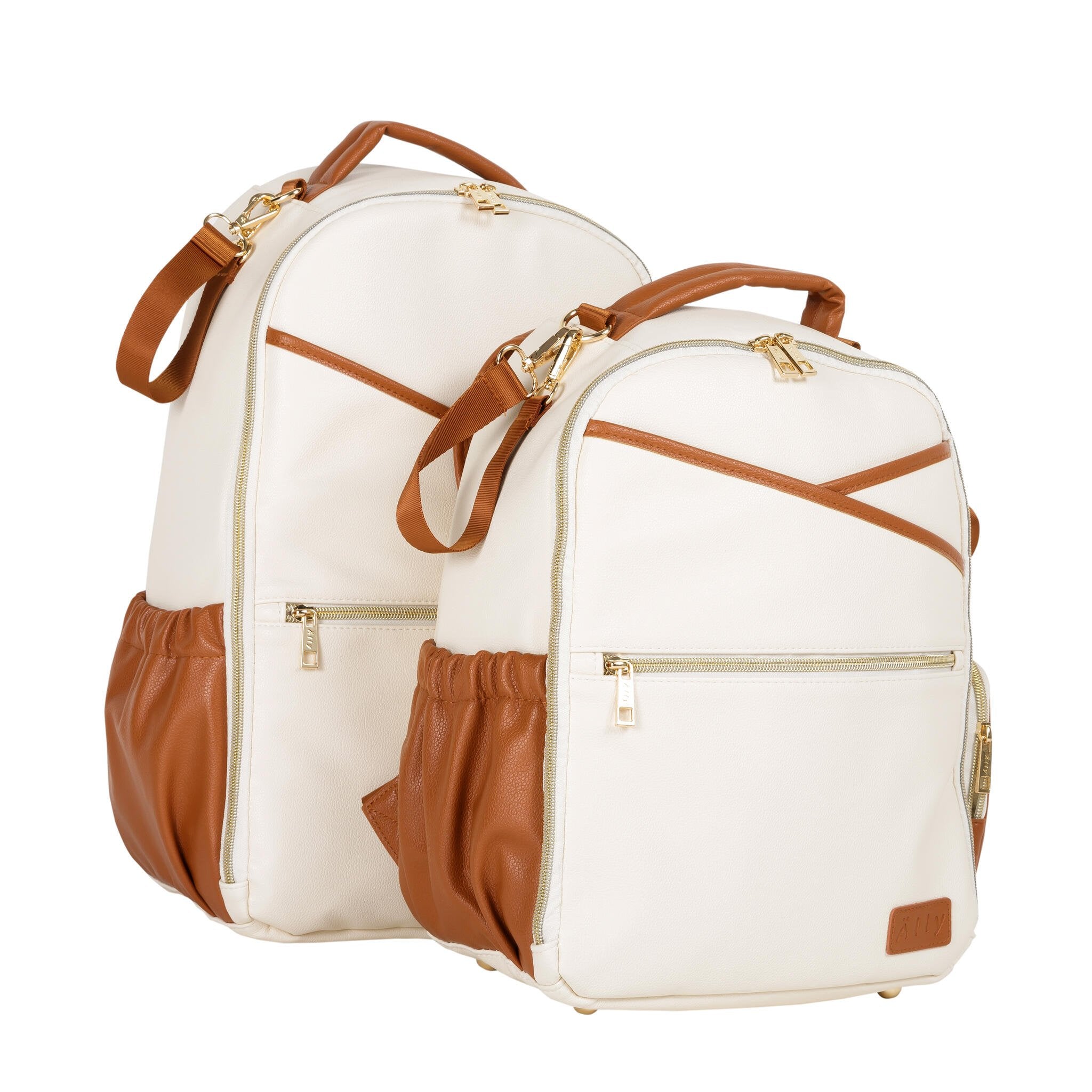 21. Ally Scandic Cappuccino Diaper Backpack on stroller, demonstrating travel convenience