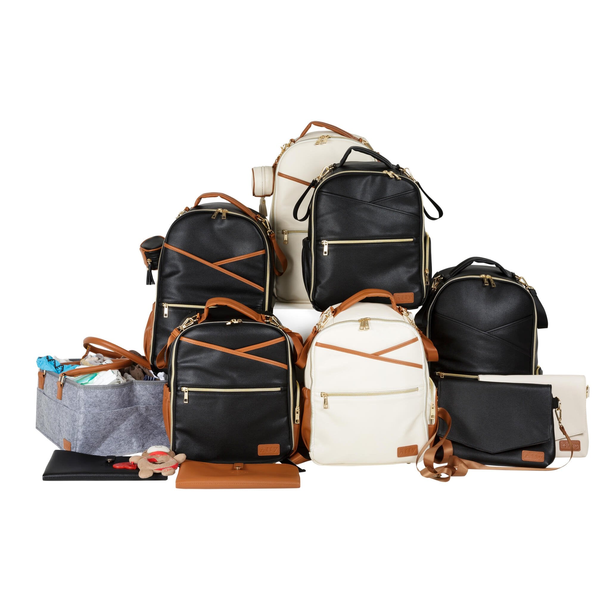 10. Collection of Ally Scandic handbags in various colors, showcasing stylish and functional designs for parents