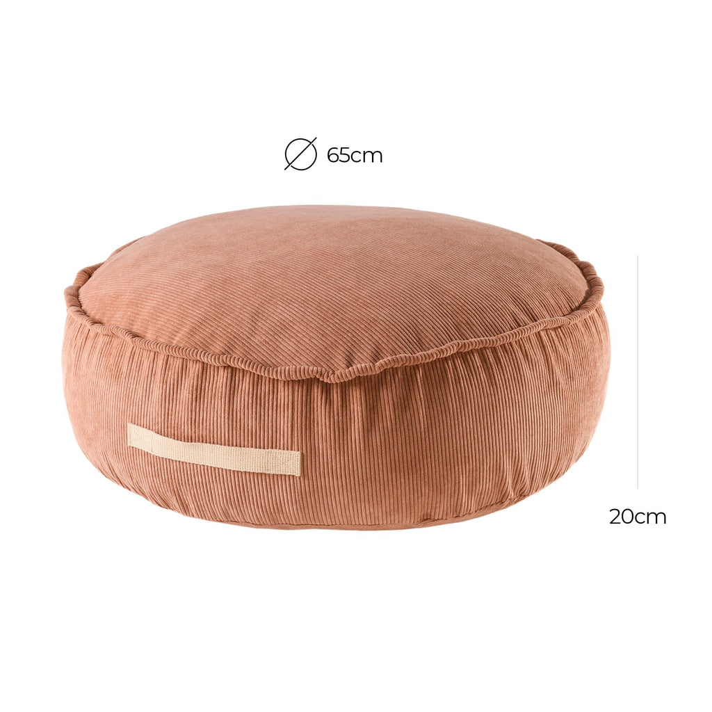 2. Size chart for MeowBaby corduroy pouf in brick color, showing dimensions of 65 cm diameter and 20 cm height