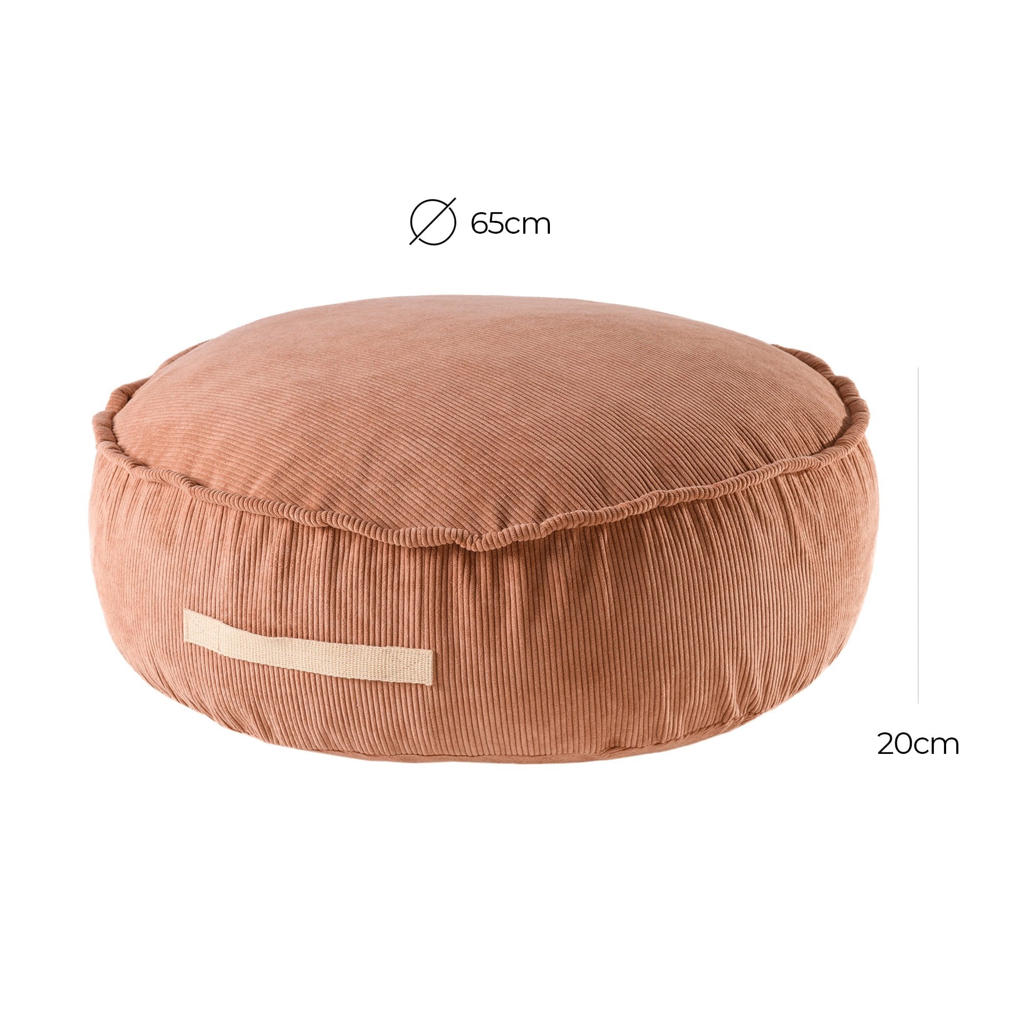 2. Size chart for MeowBaby corduroy pouf in brick color, showing dimensions of 65 cm diameter and 20 cm height
