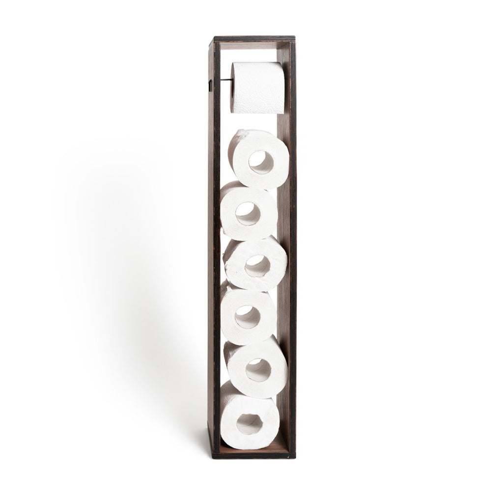 1. Free standing wooden toilet paper holder with multiple rolls stored vertically, showcasing rustic birch plywood design