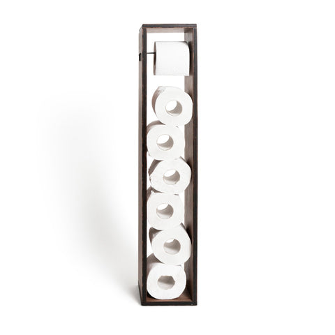 1. Free standing wooden toilet paper holder with multiple rolls stored vertically, showcasing rustic birch plywood design