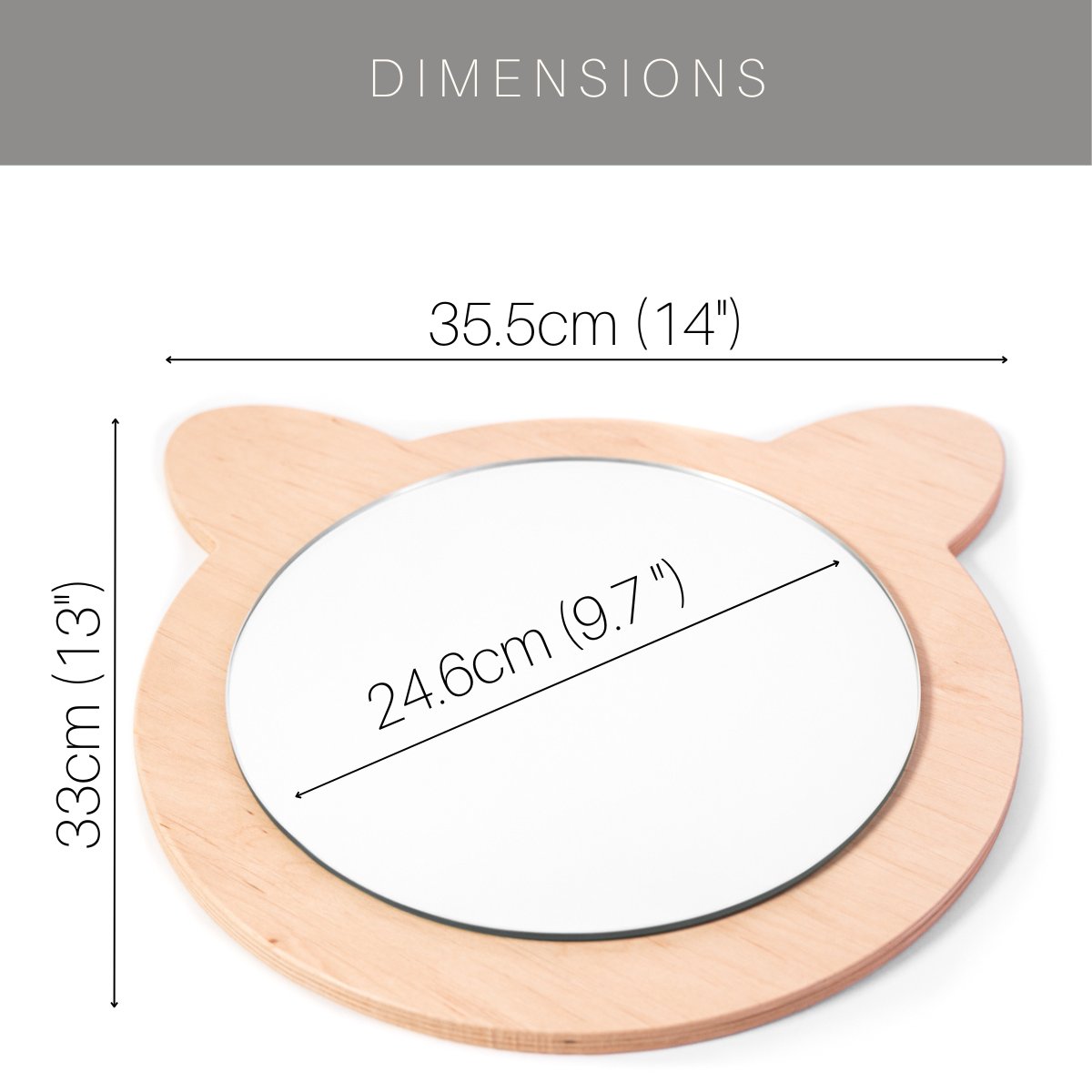3. Size chart for cat-shaped children's wall mirror showing dimensions in centimeters and inches