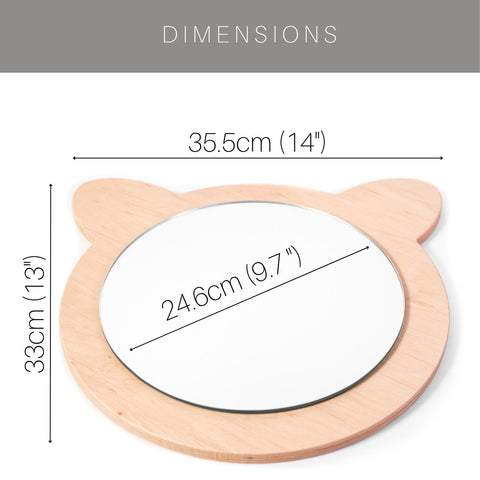 3. Size chart for cat-shaped children's wall mirror showing dimensions in centimeters and inches