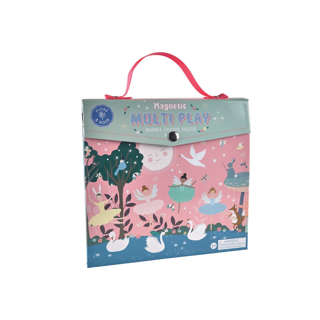 1. Floss & Rock Magnetic Multiplay Scene in enchanted theme with ballerinas and swans on pink background, featuring a carry handle for portability